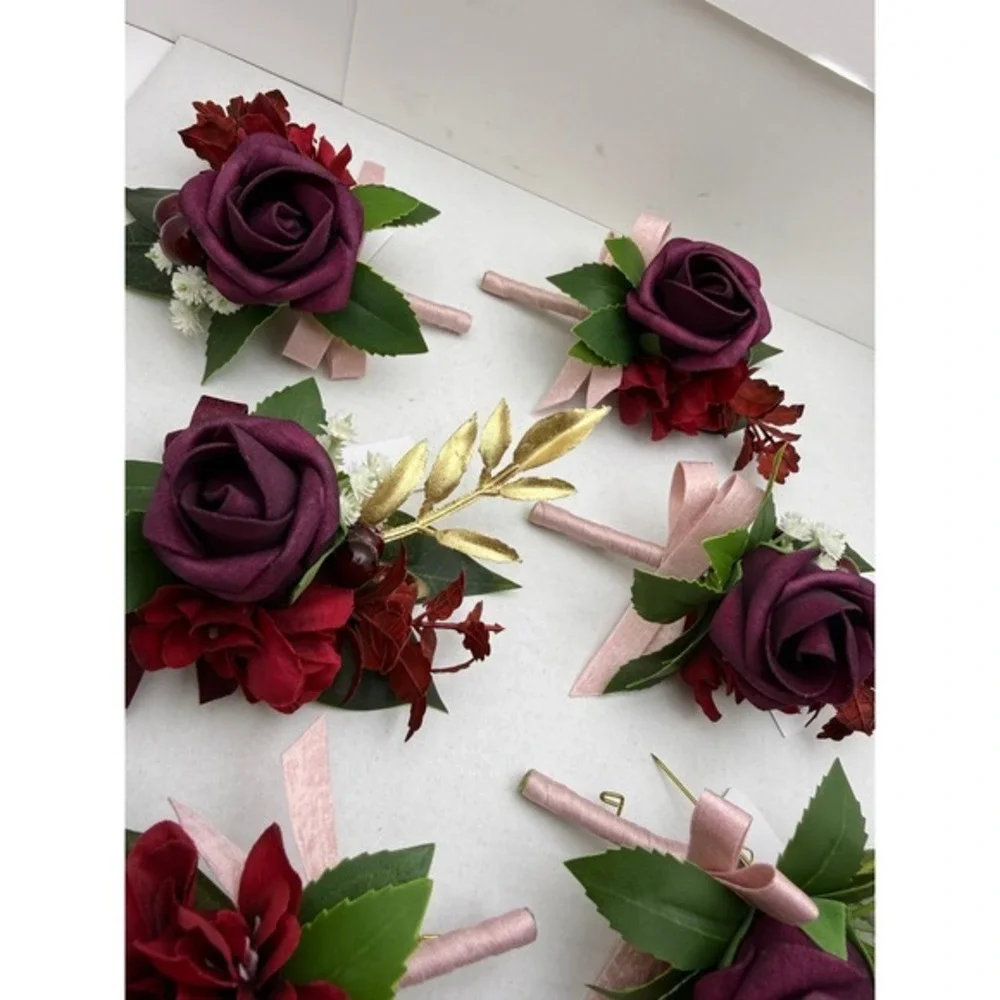 6pc Burgundy Plum‎ Rose Boutonniere Set Wedding Groomsmen Gold Leaf Silk Flowers